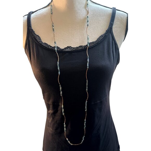 Sparkling Blue AB Bead Necklace Long Glass Gold Tone Curved Bars - Picture 3 of 8